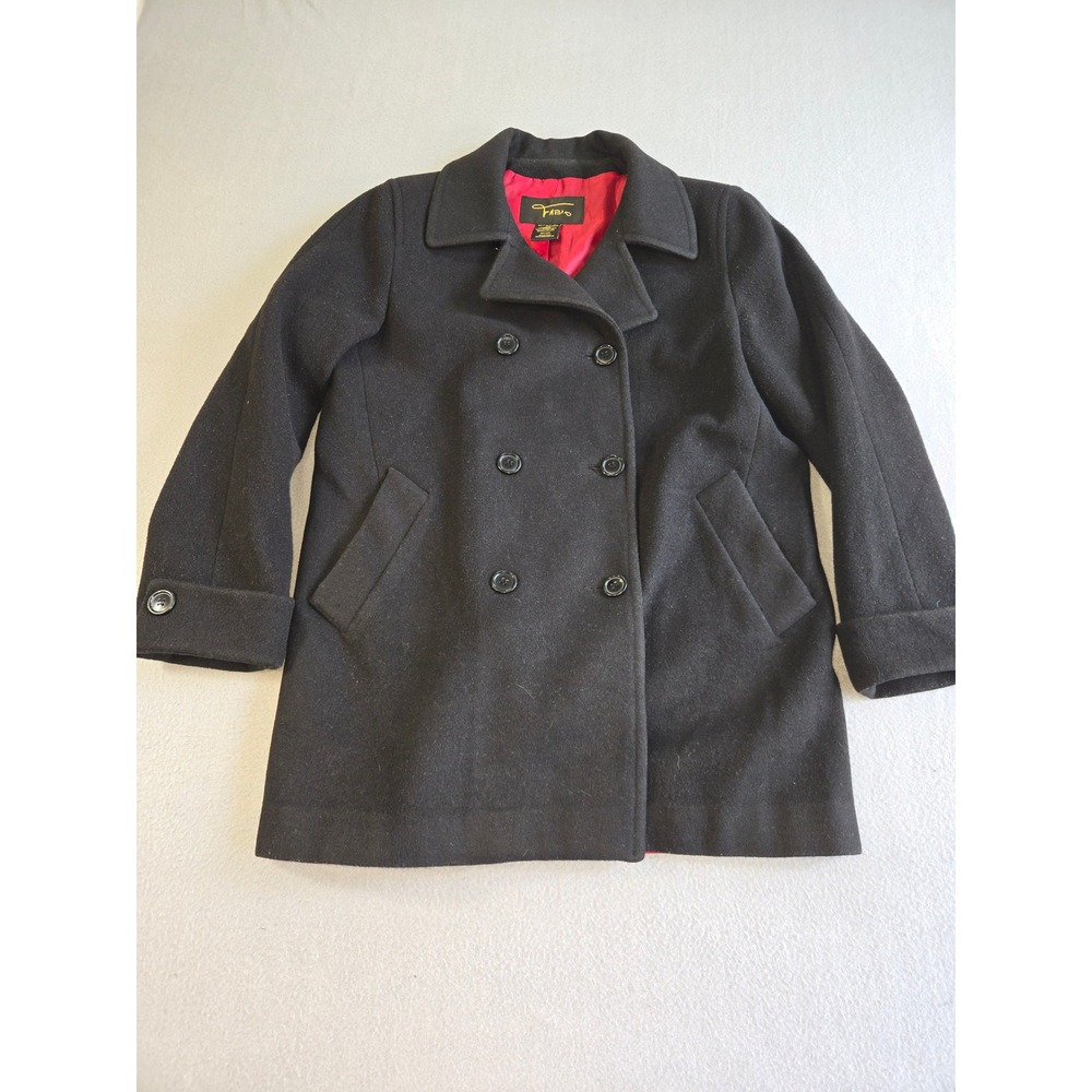 Fabio Pea Coat Womens Large‎ Black 100% Wool Double Breasted Red Lining F2969